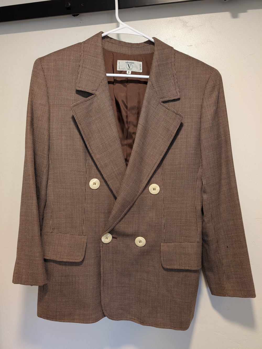 Vintage Valentino Brown Houndstooth Blazer Wool Exterior And Silk Blend Lining